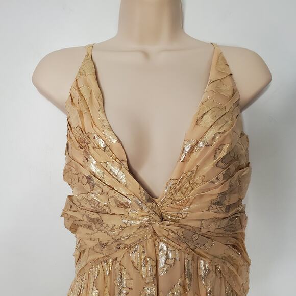 Ramy Brook Toby Twist Front Metallic Jacquard Gown Dress Soft Gold Combo Size 14 - Picture 4 of 11
